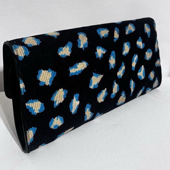 Marc Jacobs Abstract Leopard Print Corduroy Flap Clutch Blue Beige Button - Picture 12 of 16